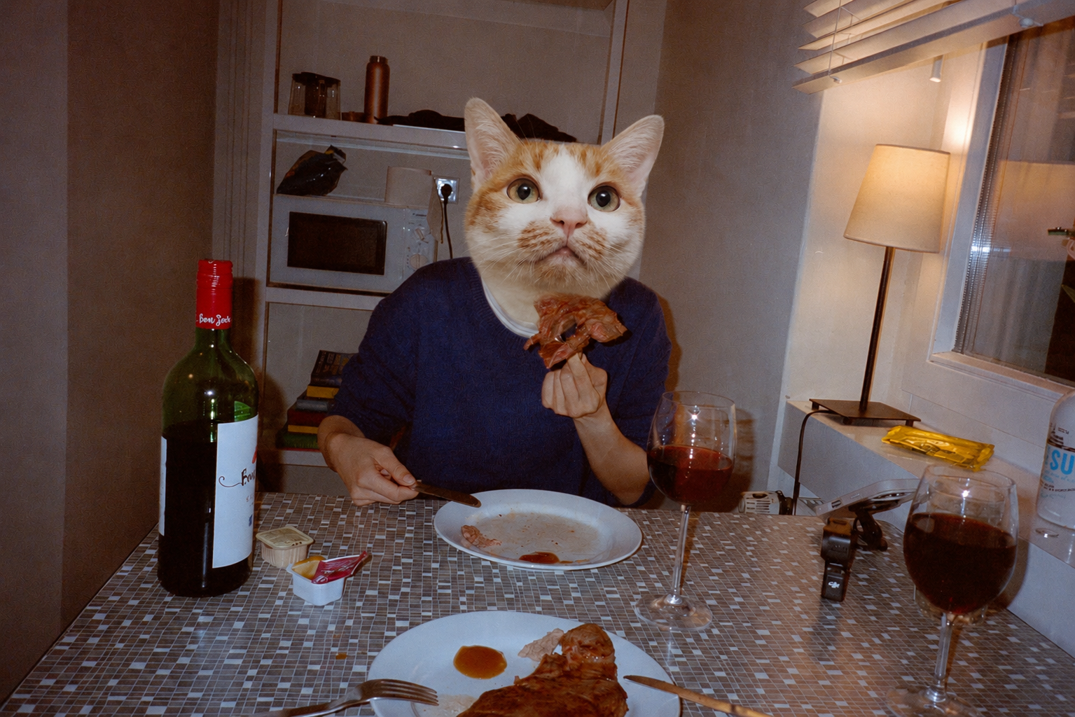 A person with a cat face seated at a dinner table.